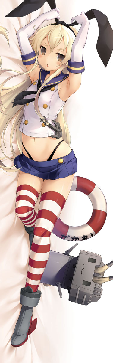 1girl anchor_hair_ornament armpits arms_up black_hairband black_panties blonde_hair blush crop_top dakimakura_(medium) elbow_gloves full_body gloves grey_eyes hair_ornament hairband highleg highleg_panties highres kantai_collection kochipu lifebuoy long_hair looking_at_viewer lying microskirt navel on_side panties rensouhou-chan sailor_collar school_uniform serafuku skirt solo striped striped_legwear thigh-highs underwear white_gloves