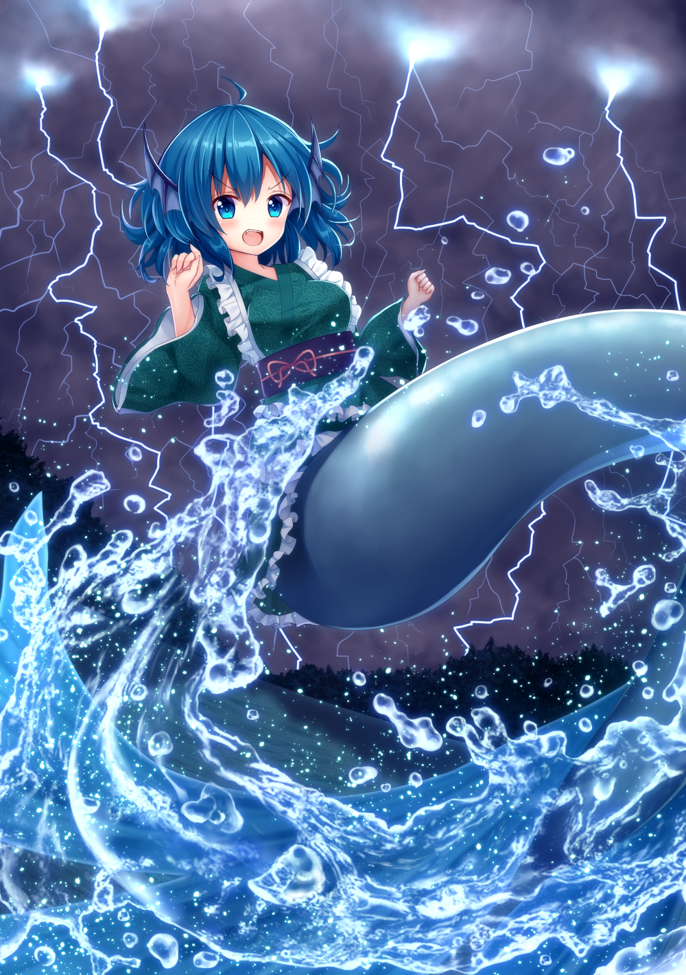 1girl :d ahoge air_bubble bangs blue_eyes blue_hair blush breasts bubble clouds cloudy_sky commentary_request dot_nose drill_hair eyelashes fang frilled_kimono frilled_sleeves frills full_body green_kimono head_fins highres japanese_clothes kimono large_breasts lightning long_sleeves looking_at_viewer mermaid monster_girl obi open_mouth sash serious sky smile solo splashing suigetsu_(watermoon-910) teeth thunder touhou underwater upper_teeth wakasagihime wide_sleeves