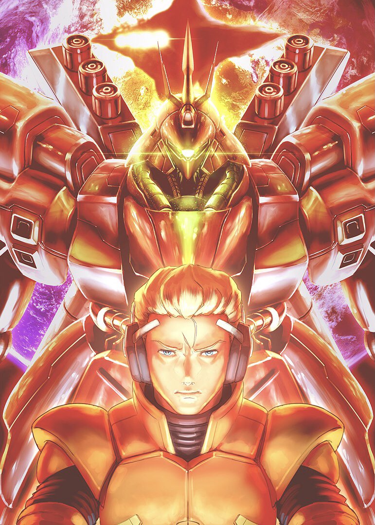 1boy asteroid axis_(gundam) birthday blonde_hair blue_eyes char's_counterattack char_aznable commentary earth_(planet) funnels glowing glowing_eye gundam looking_at_viewer male_focus mecha mobile_suit one-eyed pilot_suit planet sazabi scar serious short_hair totthii0081 upper_body yellow_eyes