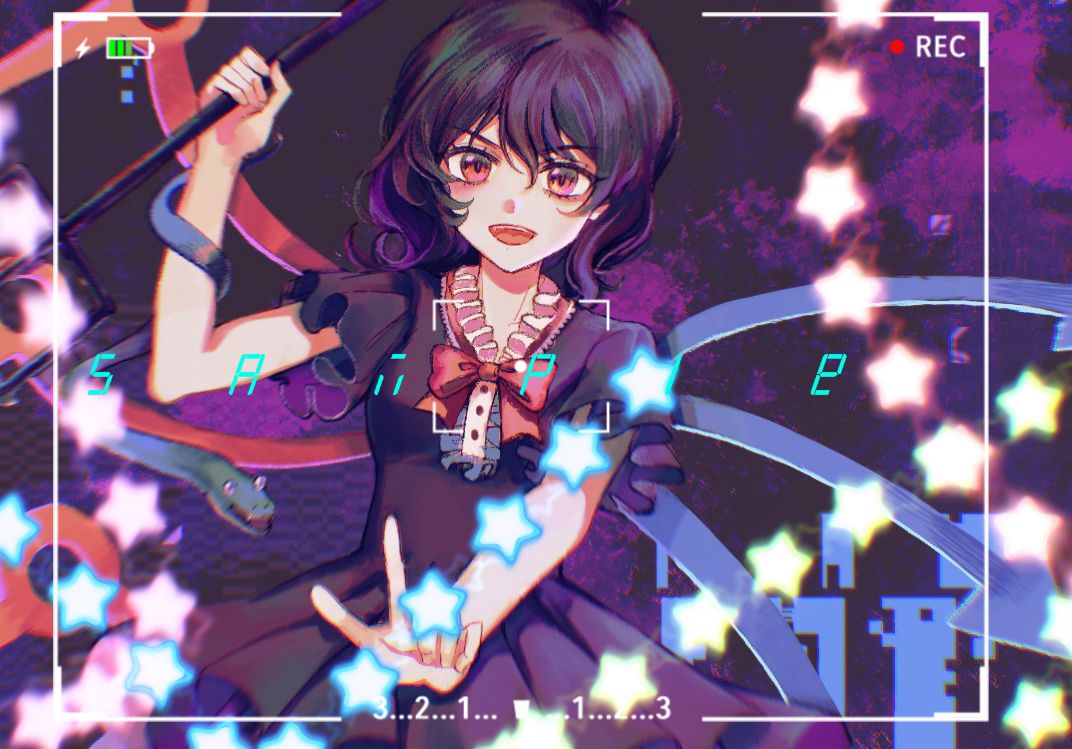 1girl arm_up arrow_(symbol) asymmetrical_wings bangs black_dress black_hair bow bowtie breasts buttons dress english_text eyebrows_visible_through_hair frills grey_background hair_between_eyes hands_up houjuu_nue looking_at_viewer medium_breasts open_mouth purple_background red_bow red_bowtie red_eyes short_hair smile snake solo star_(symbol) teeth tongue touhou touhouproject16 v weapon wings