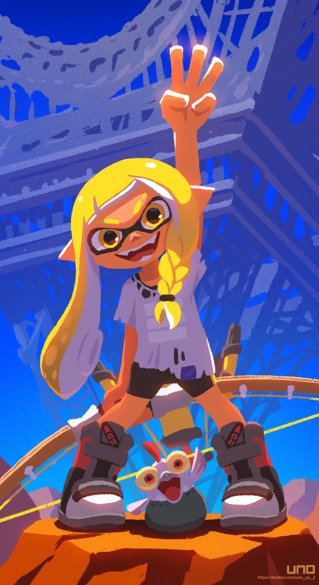 1girl agent_3_(splatoon) black_shorts blonde_hair blue_sky bow_(weapon) desert eiffel_tower fangs fish full_body grey_footwear hairband hand_up head_tilt highres holding holding_bow_(weapon) holding_weapon inkling little_buddy_(splatoon) long_hair looking_at_viewer mountain open_mouth outdoors pointy_ears shirt shoes short_shorts short_sleeves shorts sky smallfry_(splatoon) smile splatoon_(series) splatoon_3 standing tentacle_hair uno_yuuji upside-down_building weapon white_shirt yellow_eyes