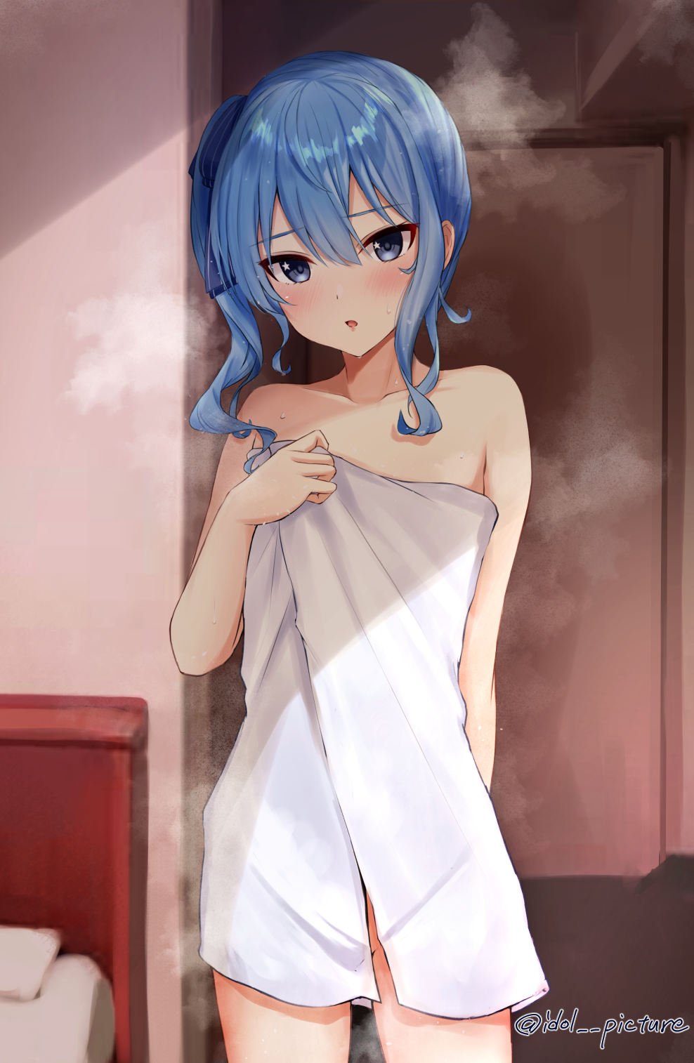 1girl bangs blue_eyes blue_hair blue_ribbon blush collarbone commentary_request cowboy_shot ex_idol eyebrows_visible_through_hair flat_chest hair_between_eyes hair_ribbon hand_up highres hololive hoshimachi_suisei indoors long_hair looking_at_viewer naked_towel parted_lips revision ribbon side_ponytail solo standing star_(symbol) star_in_eye steam steaming_body sweat symbol_in_eye towel twitter_username virtual_youtuber