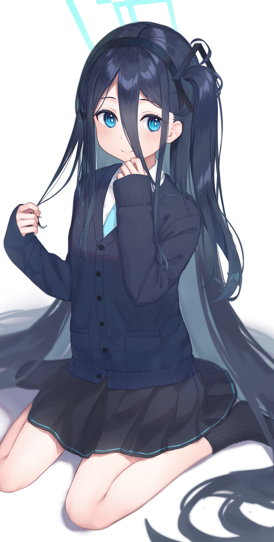 1girl arisu_(blue_archive) bangs black_cardigan black_hair black_hairband black_legwear black_skirt blue_archive blue_eyes blue_neckwear cardigan collared_shirt commentary_request eyebrows_visible_through_hair hair_between_eyes hairband halo highres long_sleeves necktie no_shoes one_side_up parted_bangs pleated_skirt ribbed_legwear school_uniform shirt sitting skirt sleeves_past_wrists socks solo takechii wariza white_background white_shirt