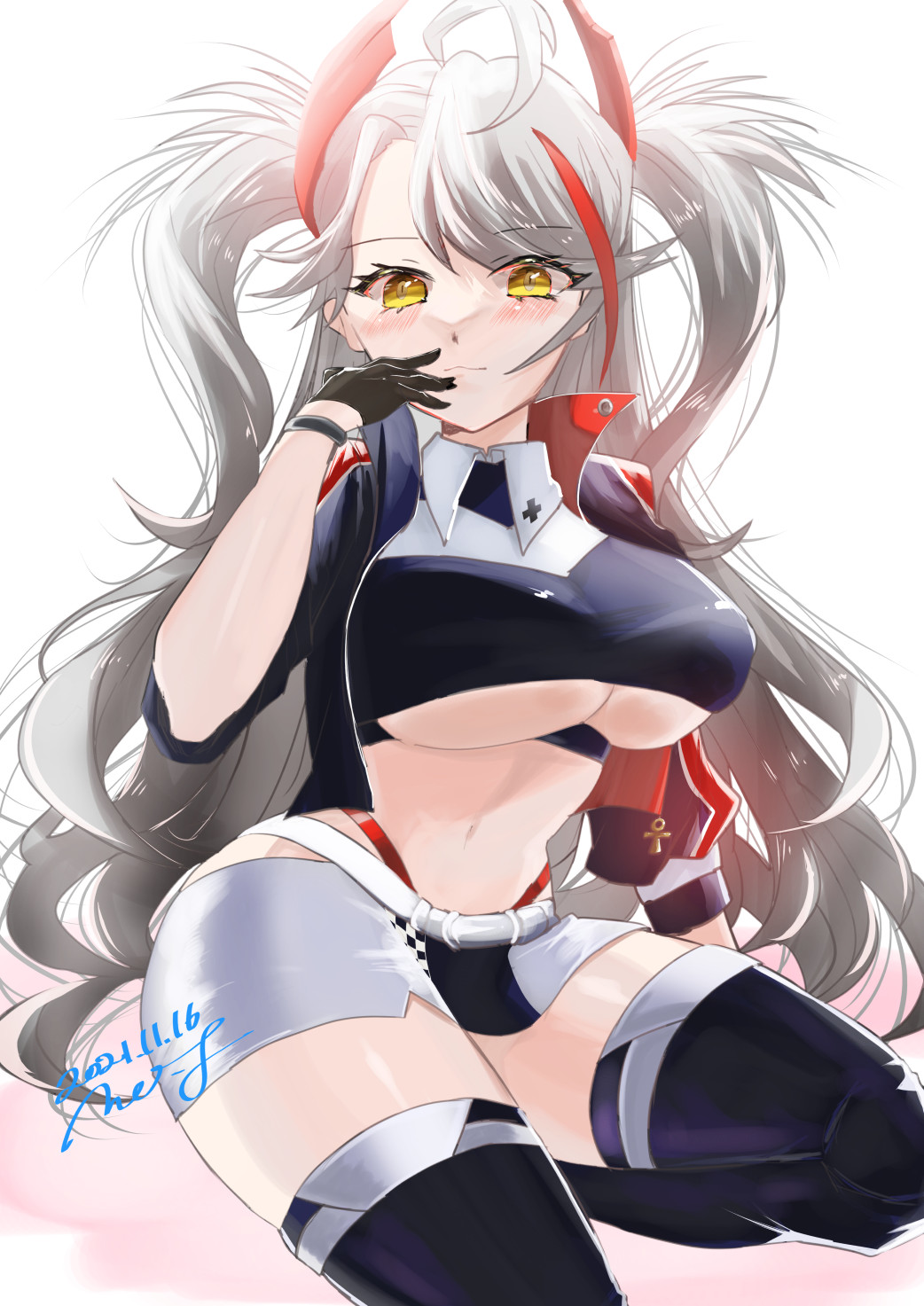 1girl azur_lane belt breasts clothing_cutout cropped_shirt dated eyebrows_visible_through_hair gamuko07 gloves grey_hair half_gloves headgear highres jacket large_breasts looking_at_viewer multicolored_hair official_alternate_costume open_clothes open_jacket panties panty_straps prinz_eugen_(azur_lane) prinz_eugen_(final_lap)_(azur_lane) purple_jacket purple_legwear racequeen red_panties redhead signature solo streaked_hair thigh-highs two-tone_hair two-tone_skirt under_boob underboob_cutout underwear white_belt yellow_eyes