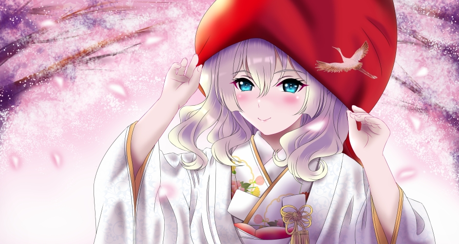1girl aka_kitsune blue_eyes blush cherry_blossoms closed_mouth commentary_request eyebrows_visible_through_hair grey_hair hair_between_eyes japanese_clothes kantai_collection kashima_(kancolle) kimono long_hair partial_commentary plant sidelocks smile solo tree upper_body white_kimono