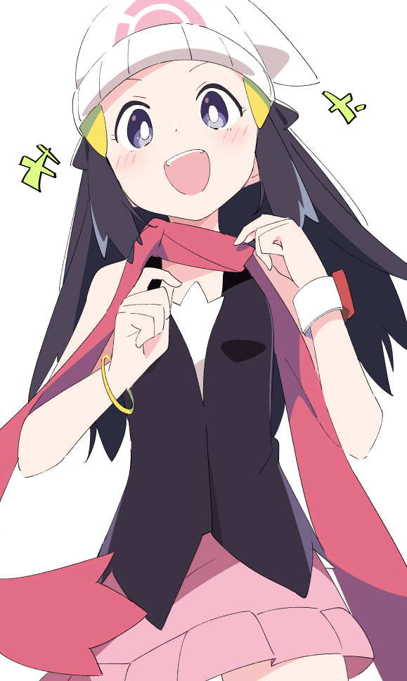 1girl :d beanie blue_eyes blue_hair blush bracelet commentary_request hat hikari_(pokemon) ixy jewelry long_hair looking_at_viewer open_mouth pokemon pokemon_(game) pokemon_dppt red_scarf scarf simple_background sleeveless smile solo teeth upper_teeth white_background white_headwear