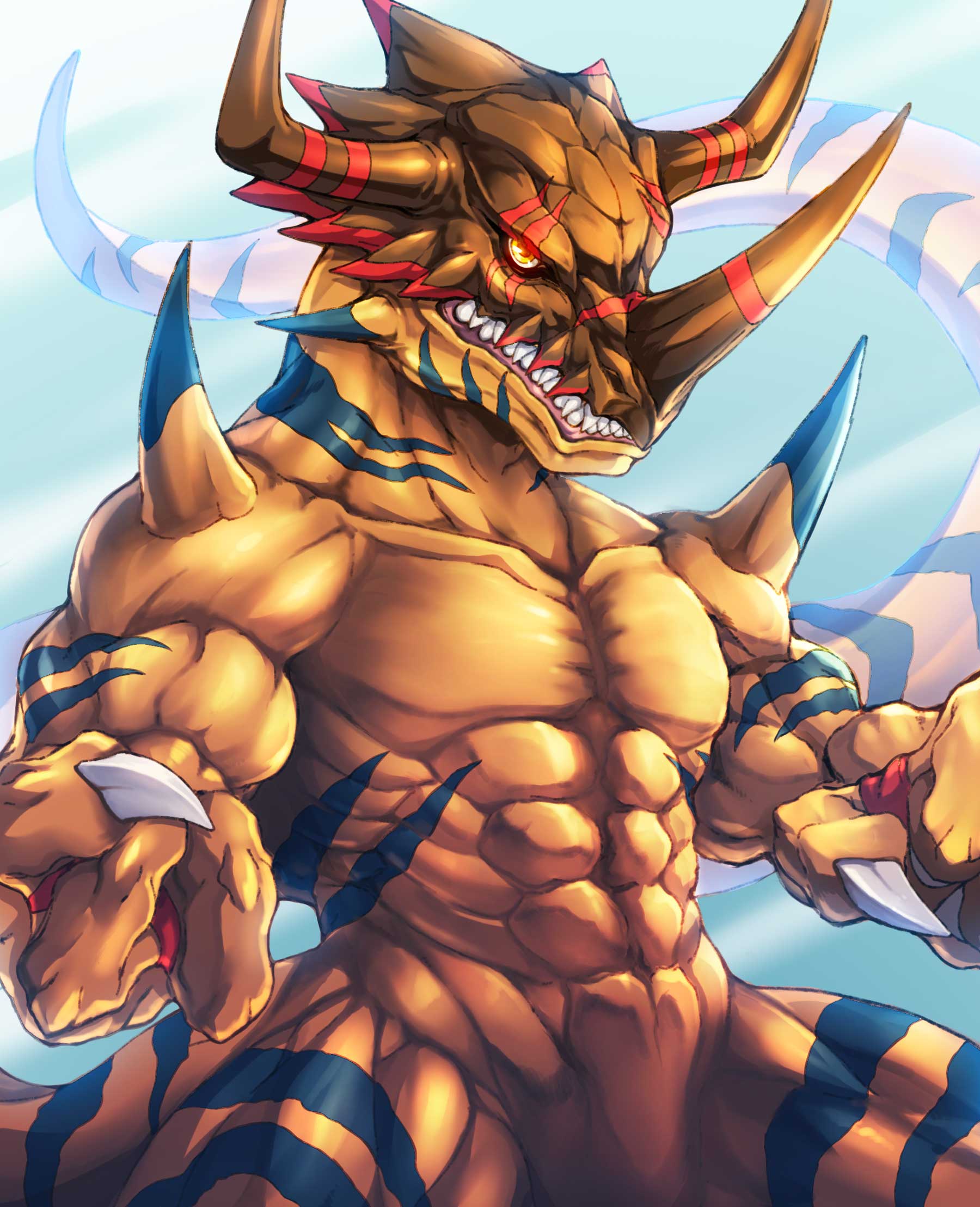 abs claws clenched_hand closed_mouth cowboy_shot digimon digimon_(creature) digimon_adventure glowing glowing_eyes greymon highres horns looking_ahead male_focus muscular muscular_male no_humans pectorals scar scar_across_eye scar_on_face sharp_teeth solo tail teeth thick_thighs thighs tosaka_rai