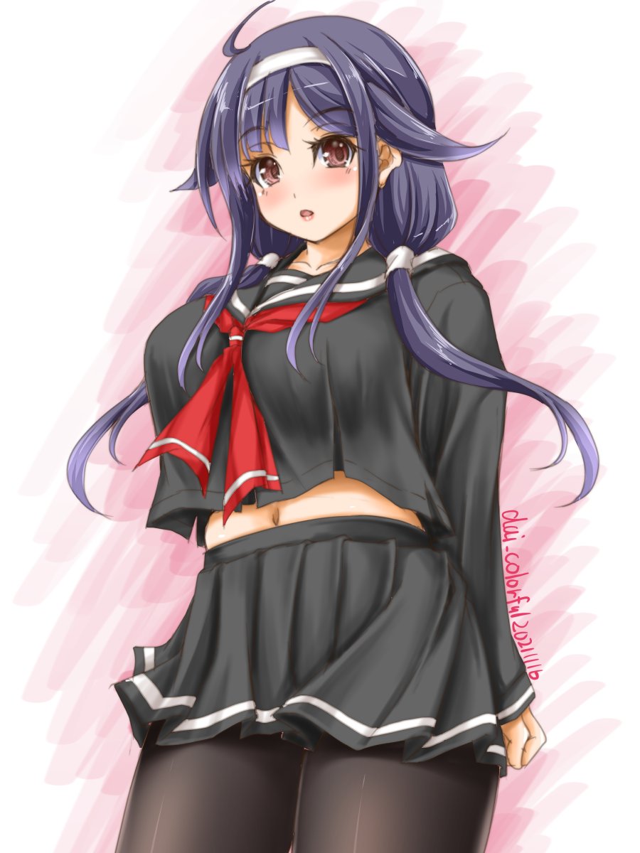 1girl ahoge akimoto_dai arms_behind_back black_legwear black_serafuku black_skirt cowboy_shot hair_flaps hairband highres kantai_collection long_hair looking_at_viewer low_twintails navel neckerchief one-hour_drawing_challenge pantyhose pleated_skirt purple_hair red_eyes red_neckerchief ryuuhou_(kancolle) school_uniform serafuku skirt solo taigei_(kancolle) twintails white_hairband