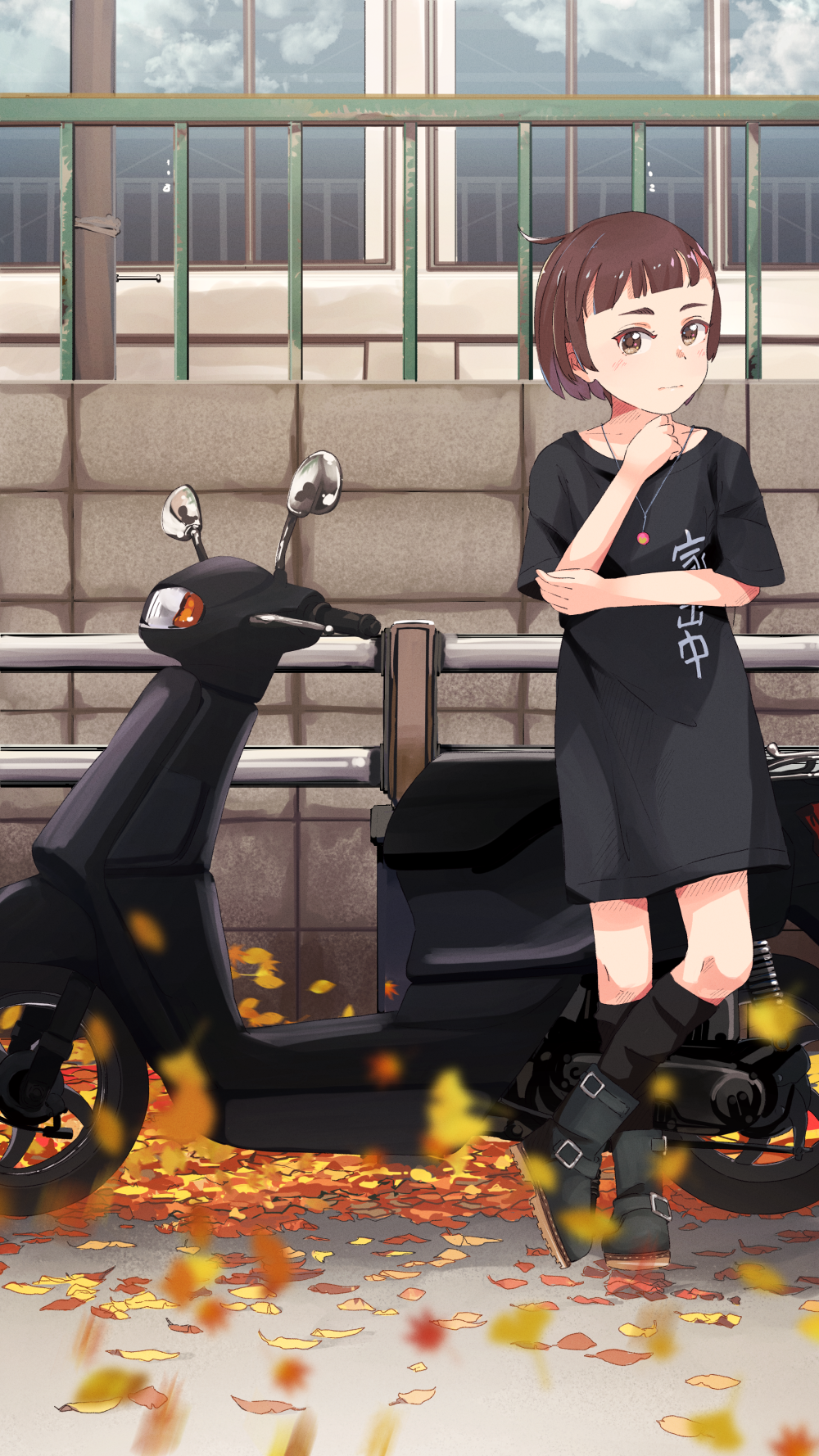 1girl autumn_leaves black_footwear black_legwear black_shirt bob_cut boots brown_eyes brown_hair clip_studio_paint_(medium) commentary full_body ground_vehicle hand_on_own_chin highres jewelry kneehighs looking_at_viewer motor_vehicle necklace original outdoors russian_commentary scooter servachok shirt short_hair solo standing t-shirt