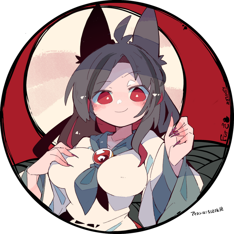 1girl animal_ears antenna_hair avatar_icon black_hair blush breasts bright_pupils brooch closed_mouth commentary_request commission dress eyebrows_visible_through_hair eyes_visible_through_hair fingernails full_moon grey_neckerchief hand_on_breast hands_up imaizumi_kagerou jewelry large_breasts long_fingernails long_hair long_sleeves looking_at_viewer massakasama moon multicolored_hair neckerchief raised_eyebrow red_background red_eyes red_nails redhead round_image sharp_fingernails signature skeb_commission smile solo streaked_hair touhou translation_request upper_body white_dress white_pupils wide_sleeves wolf_ears