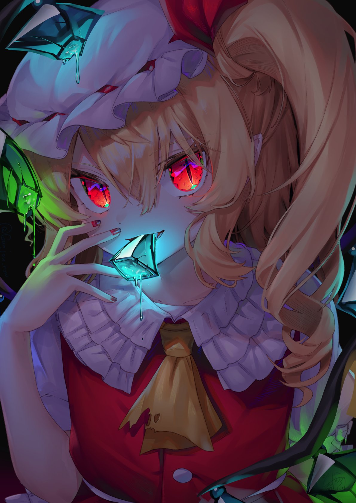 1girl ascot bangs biting blonde_hair blush bow buttons commentary_request crystal dot_nose dripping eyelashes fangs fingernails flandre_scarlet frilled_shirt_collar frills glowing glowing_eyes gunjou_row hair_between_eyes hat hat_bow hat_ribbon highres liquid mob_cap nail_polish one_side_up open_mouth pointy_ears puffy_short_sleeves puffy_sleeves red_bow red_eyes red_nails red_ribbon red_vest ribbon shirt short_hair short_hair_with_long_locks short_sleeves side_ponytail sidelocks slit_pupils solo standing torn_neckwear touhou upper_body vest white_shirt wings yellow_neckwear