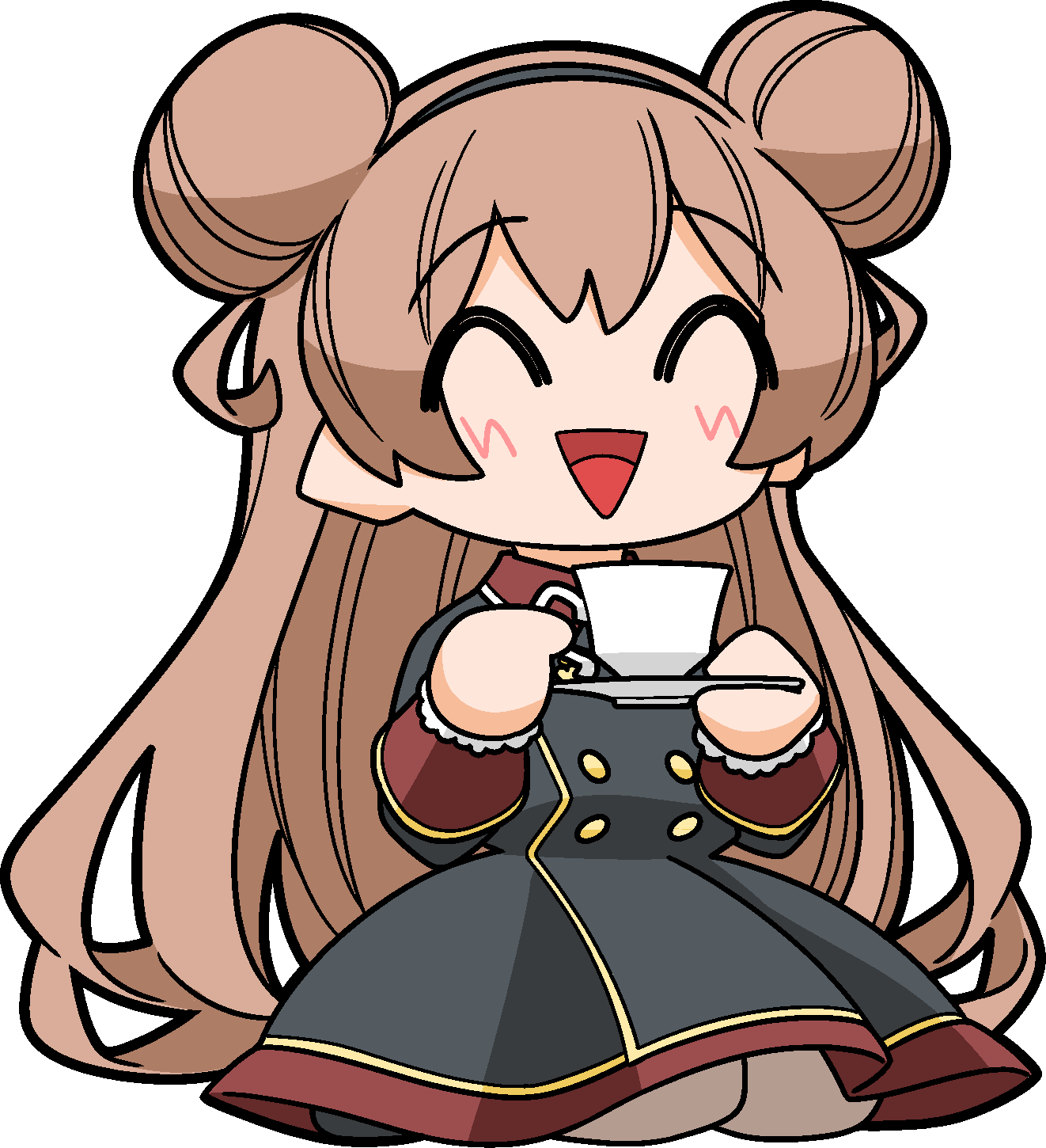 1girl :d ^_^ al_himitsu black_dress black_hairband blush brown_hair brown_legwear chibi closed_eyes collared_dress commentary_request cup double_bun dress full_body hairband highres holding holding_cup holding_saucer indie_virtual_youtuber long_sleeves pantyhose saucer seiza simple_background sitting smile solo teacup virtual_youtuber wakabayashi_toshiya white_background