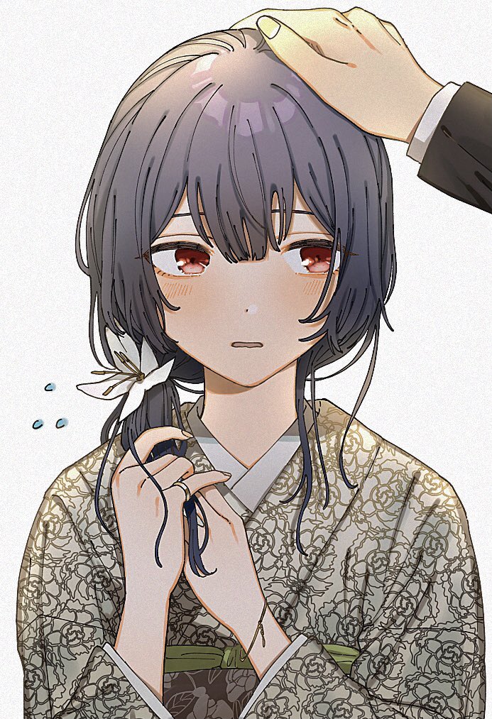1girl 1other bangs blue_hair blush floral_print flower flying_sweatdrops grey_background hair_flower hair_ornament headpat idolmaster idolmaster_shiny_colors iwawa japanese_clothes jewelry kimono long_sleeves looking_to_the_side low_ponytail morino_rinze out_of_frame parted_lips playing_with_own_hair red_eyes ring solo_focus upper_body wavy_mouth