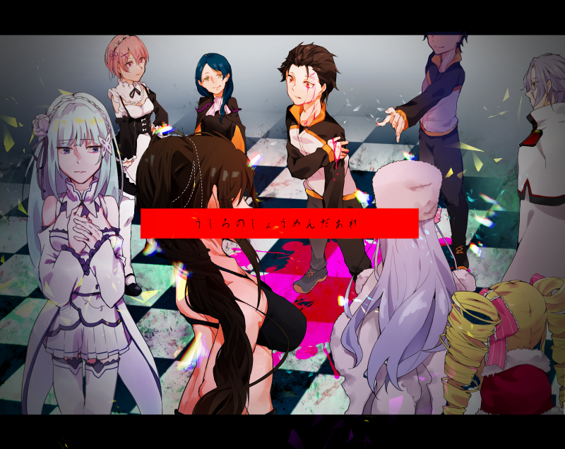 anastasia_hoshin beatrice_(re:zero) black_hair bleeding blonde_hair blood clone dark_blue_hair emilia_(re:zero) hair_ornament hat julius_juukulius long_hair meili_portroute natsuki_subaru pink_blood pink_hair purple_hair ram_(re:zero) re:zero_kara_hajimeru_isekai_seikatsu ribbon shaula_(re:zero) shishamo_(jrm7383) short_hair translated white_hair