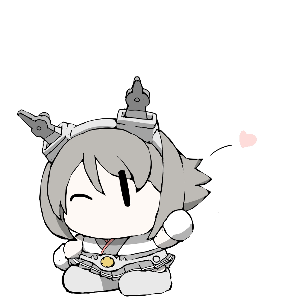 1girl black_skirt brown_hair chibi commentary_request gloves grey_footwear headband heart kantai_collection miniskirt mutsu_(kancolle) no_mouth one_eye_closed radio_antenna shoes short_hair simple_background skirt solo task_(s_task80) white_background white_gloves