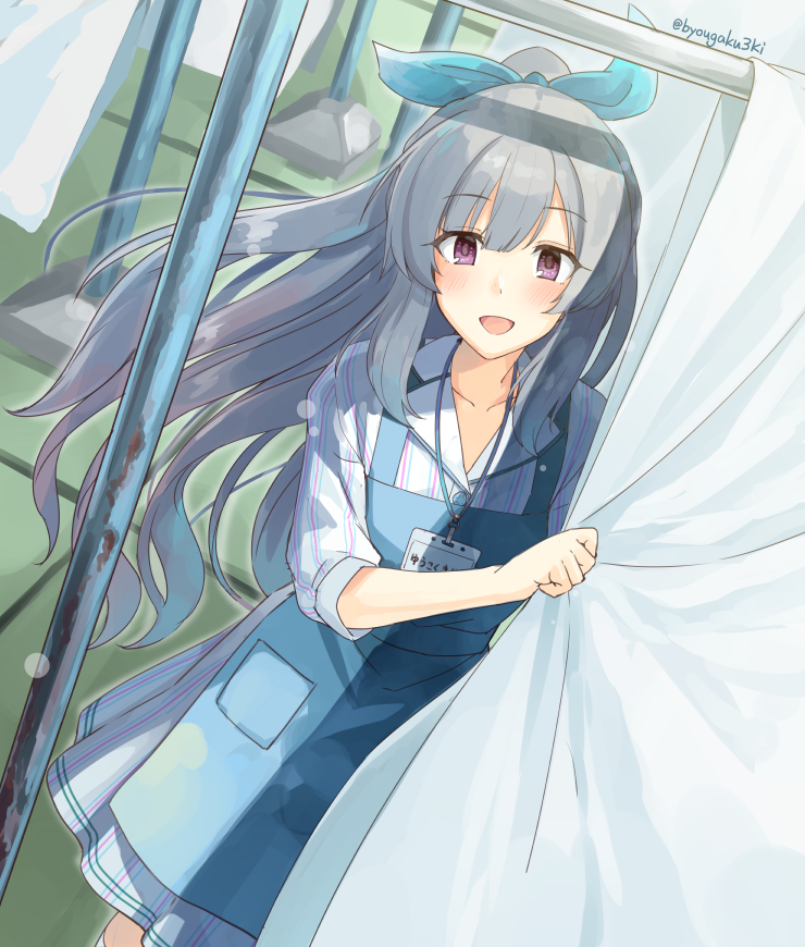 1girl :d apron bangs blush byougaku collarbone commentary_request dress eyebrows_visible_through_hair floating_hair grey_hair idolmaster idolmaster_shiny_colors long_hair looking_at_viewer open_mouth sidelocks smile solo striped striped_dress twitter_username vertical-striped_dress vertical_stripes violet_eyes yuukoku_kiriko