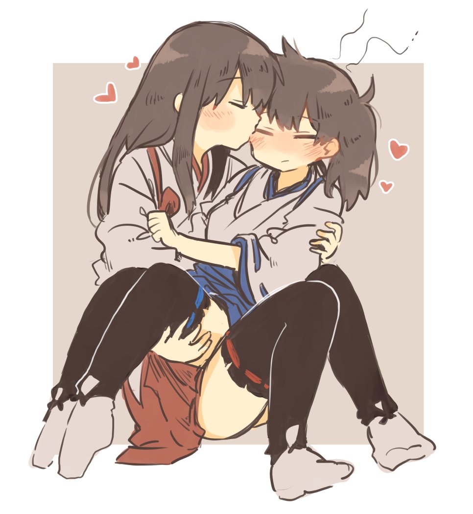 2girls akagi_(kancolle) black_legwear blue_hakama blush brown_hair closed_eyes closed_mouth commentary_request eyebrows_visible_through_hair hakama heart ina_(1813576) japanese_clothes kaga_(kancolle) kantai_collection kimono kiss long_hair multiple_girls red_hakama side_ponytail sitting thigh-highs white_kimono yuri