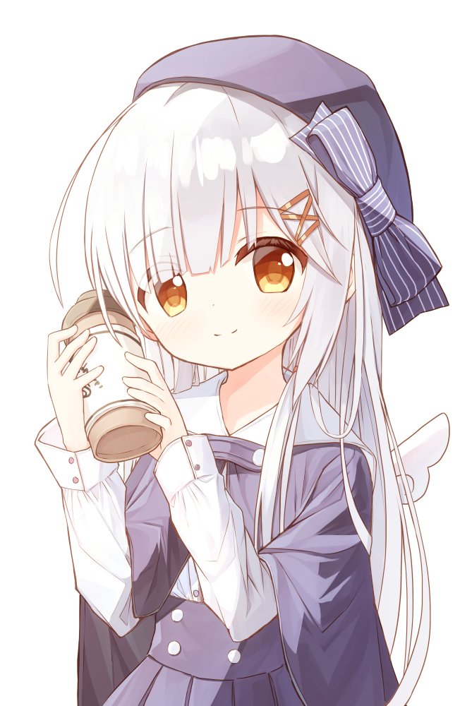 1girl bangs beret blue_cape blue_headwear blue_skirt brown_eyes cape ciela_(yuuhagi_(amaretto-no-natsu)) closed_mouth coffee_cup commentary_request cup detached_wings disposable_cup eyebrows_visible_through_hair hair_ornament hairclip hands_up hat holding holding_cup long_hair long_sleeves looking_at_viewer mini_wings original pleated_skirt shirt simple_background skirt smile solo upper_body very_long_hair white_background white_hair white_shirt white_wings wings x_hair_ornament yuuhagi_(amaretto-no-natsu)