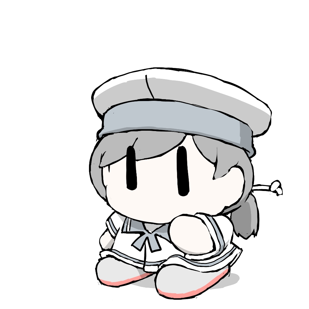 1girl black_hair blue_sailor_collar chibi commentary_request dress grey_footwear hat hiburi_(kancolle) kantai_collection low_ponytail no_mouth sailor_collar sailor_dress sailor_hat shoes short_hair simple_background solo task_(s_task80) white_background white_dress white_headwear |_|