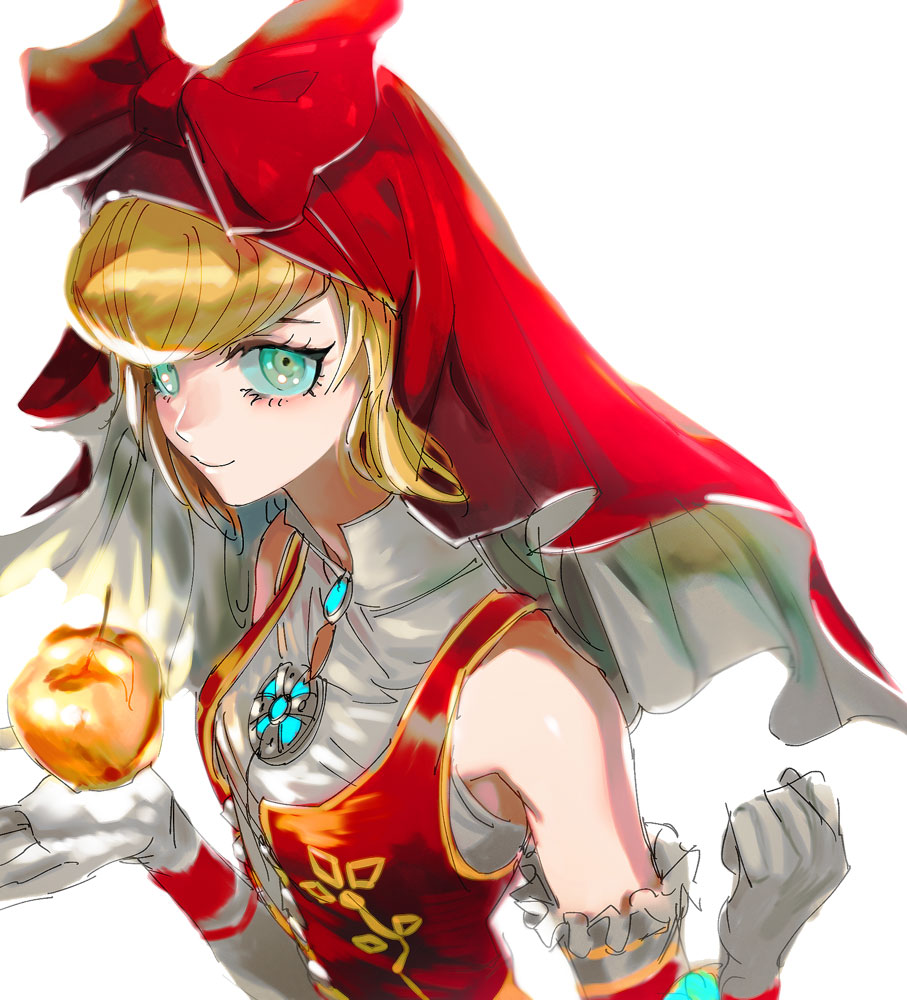 1girl apple apron basket blonde_hair blue_eyes dress food frills fruit gloves golden_apple hood idunn_(megami_tensei) looking_at_viewer red_hood shin_megami_tensei shin_megami_tensei_v short_hair simple_background smile solo white_background zakki