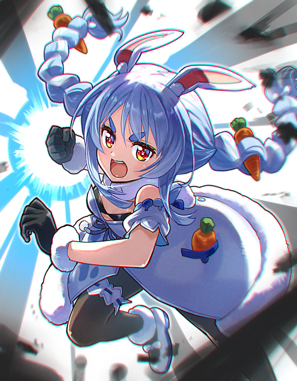 1girl animal_ear_fluff animal_ears bangs black_gloves black_legwear blue_hair braid bunny-shaped_pupils carrot carrot_hair_ornament commentary_request detached_sleeves don-chan_(usada_pekora) dress eyebrows_visible_through_hair floating_hair food-themed_hair_ornament full_body fur_scarf gloves hair_ornament highres hololive incoming_attack leg_garter long_hair looking_at_viewer mary_janes open_mouth pantyhose rabbit_ears red_eyes sakino_shingetsu shoes short_sleeves solo strapless strapless_dress symbol-shaped_pupils thick_eyebrows twin_braids twintails usada_pekora v-shaped_eyebrows virtual_youtuber white_dress white_footwear