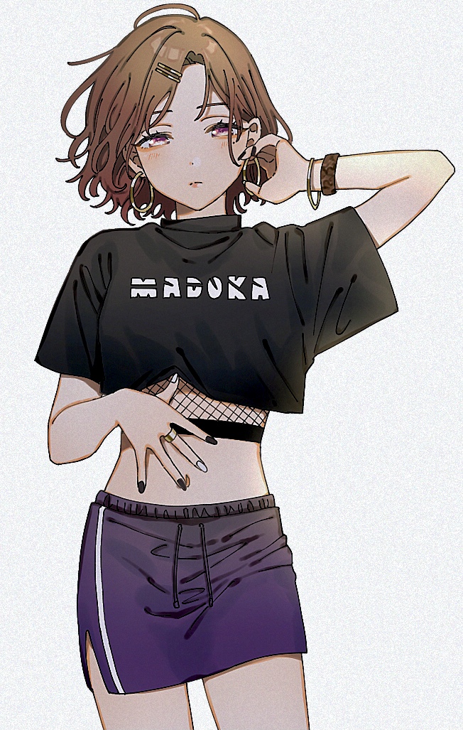 1girl arm_up bangle black_shirt bracelet brown_hair character_name closed_mouth clothes_writing crop_top earrings fishnets grey_background hair_ornament hairclip hand_on_own_stomach higuchi_madoka hoop_earrings idolmaster idolmaster_shiny_colors iwawa jewelry looking_at_viewer midriff mole mole_under_eye multicolored_nails nail_polish navel parted_lips purple_shorts ring shirt short_hair shorts solo