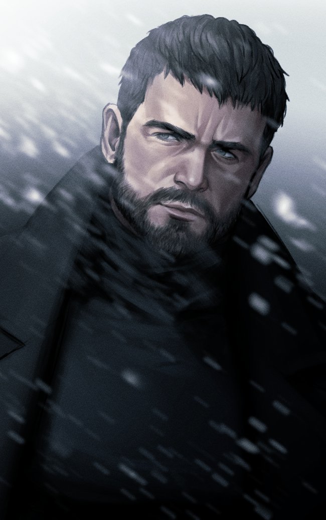 1boy areyoucracked beard black_hair black_jacket black_shirt chris_redfield closed_mouth facial_hair jacket male_focus open_clothes open_jacket resident_evil resident_evil_village shirt short_hair sideburns snowing solo upper_body winter