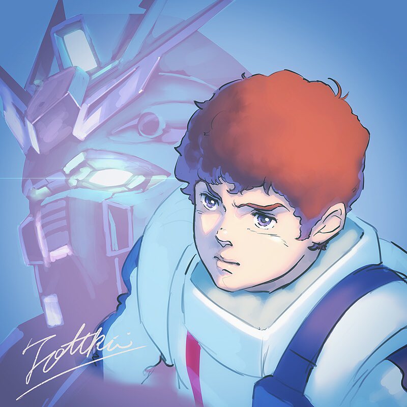 1boy amuro_ray brown_hair char's_counterattack commentary curly_hair green_eyes gundam male_focus mecha mobile_suit nu_gundam portrait short_hair signature totthii0081 v-fin violet_eyes