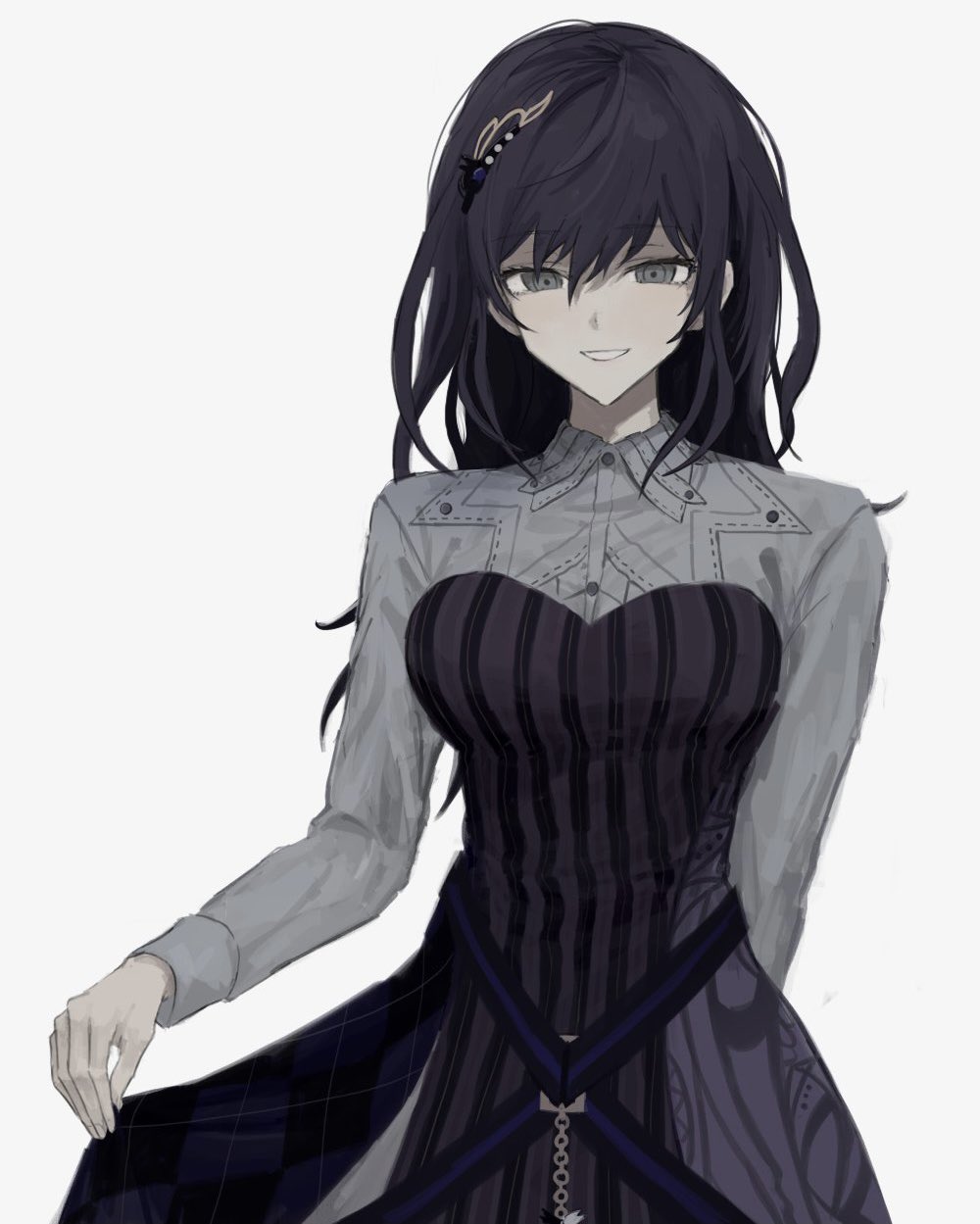 1girl alternate_hairstyle arm_behind_back asahina_mafuyu bangs belt black_belt black_dress black_hair blue_belt breasts chain dress eyebrows_visible_through_hair grey_background grey_shirt hair_ornament highres iumi_urura large_breasts long_sleeves looking_at_viewer parted_lips plaid project_sekai shirt simple_background smile solo striped striped_dress teeth