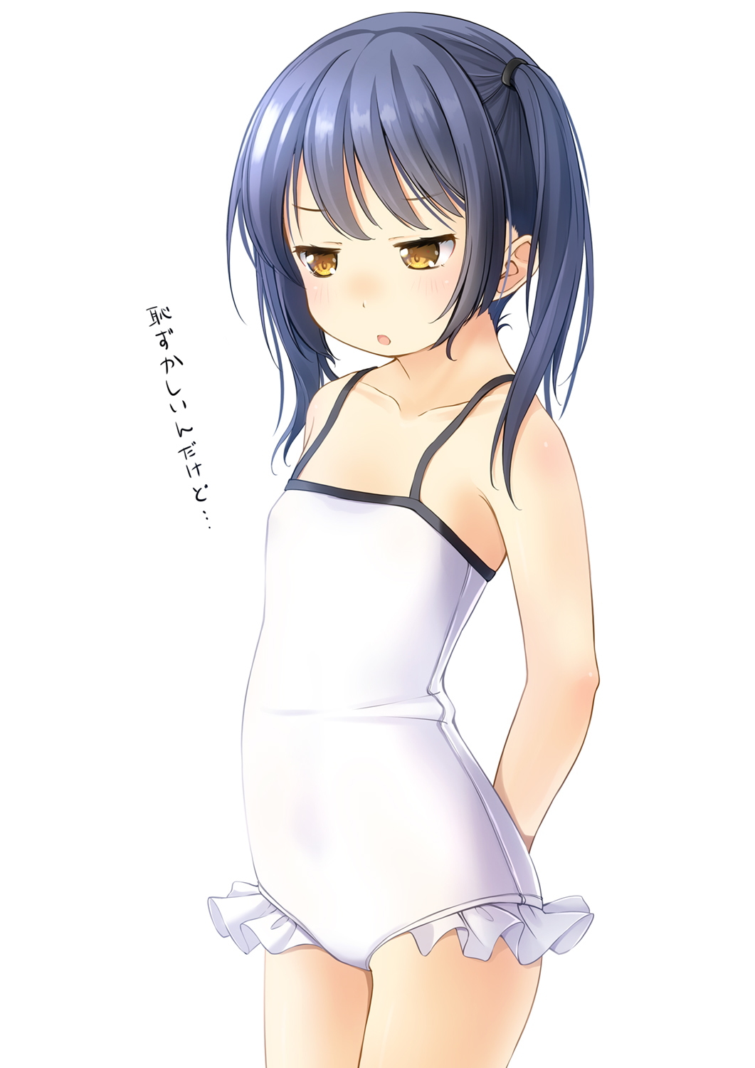 1girl arms_behind_back bangs bare_arms bare_shoulders blue_hair blush brown_eyes casual_one-piece_swimsuit collarbone commentary_request eyebrows_visible_through_hair frilled_swimsuit frills highres looking_away one-piece_swimsuit original parted_lips shibacha simple_background solo swimsuit translation_request twintails white_background white_swimsuit