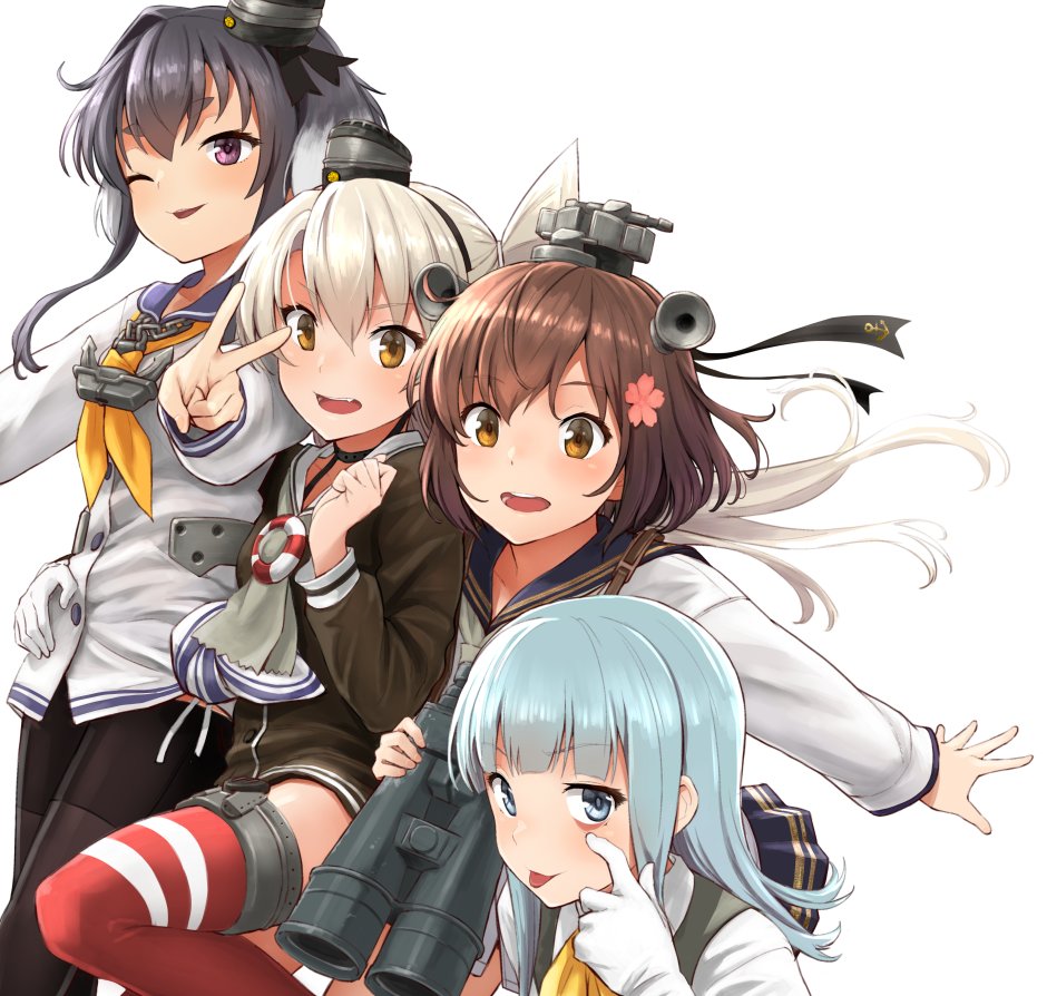 4girls akanbe amatsukaze_(kancolle) bangs binoculars black_dress black_hair black_legwear blue_eyes blue_sailor_collar blunt_bangs blush brown_eyes brown_hair dress eyebrows_visible_through_hair flower gloves grey_hair grey_neckwear hair_flower hair_ornament hair_tubes hatsukaze_(kancolle) headgear holding holding_binoculars kantai_collection light_blue_background light_blue_hair long_hair long_sleeves multiple_girls one_eye_closed open_mouth pantyhose red_legwear remodel_(kantai_collection) sailor_collar sailor_dress shirt short_hair short_hair_with_long_locks silver_hair simple_background striped striped_legwear sweat teeth thigh-highs tokitsukaze_(kancolle) tongue tongue_out two_side_up upper_teeth v violet_eyes watanore white_background white_dress white_gloves white_sailor_collar white_shirt yellow_neckwear yukikaze_(kancolle)