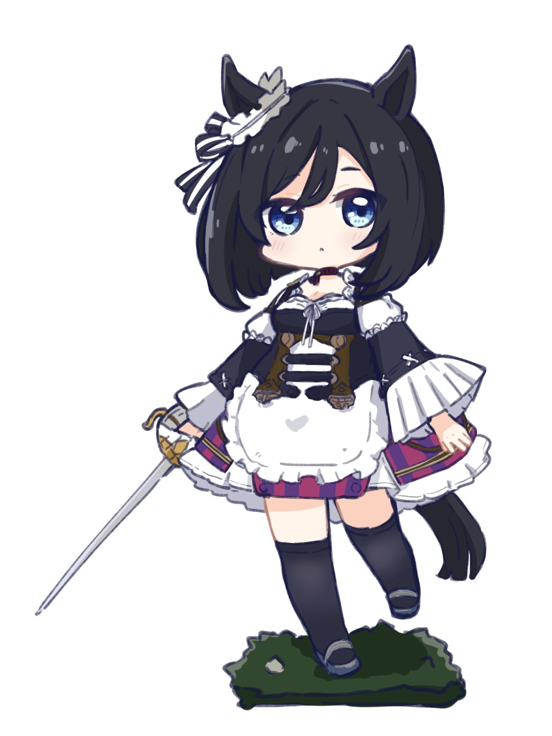 1girl :o animal_ears apron bangs black_hair black_legwear black_shirt blue_eyes blush chibi commentary_request detached_sleeves eishin_flash_(umamusume) eyebrows_visible_through_hair frilled_apron frills grey_footwear hair_between_eyes highres hitomiz holding holding_sword holding_weapon horse_ears horse_girl horse_tail layered_sleeves long_sleeves looking_at_viewer parted_lips puffy_short_sleeves puffy_sleeves shirt shoes short_over_long_sleeves short_sleeves skirt solo standing standing_on_one_leg striped striped_skirt sword tail thigh-highs umamusume vertical-striped_skirt vertical_stripes waist_apron weapon white_apron white_background wide_sleeves