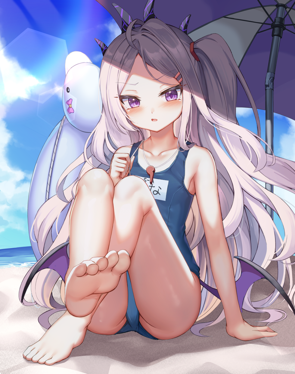 1girl bangs bare_arms bare_legs barefoot beach beach_umbrella blue_archive blue_swimsuit blush collarbone commentary_request day eyebrows_visible_through_hair feet feet_up flat_chest full_body hair_ornament hair_tie hairclip highres hina_(blue_archive) horns inflatable_toy knees_up long_hair looking_at_viewer low_wings mannack name_tag one-piece_swimsuit one_side_up outdoors parted_bangs parted_lips school_swimsuit silver_hair sitting soles solo swimsuit toes umbrella very_long_hair violet_eyes whistle whistle_around_neck wings