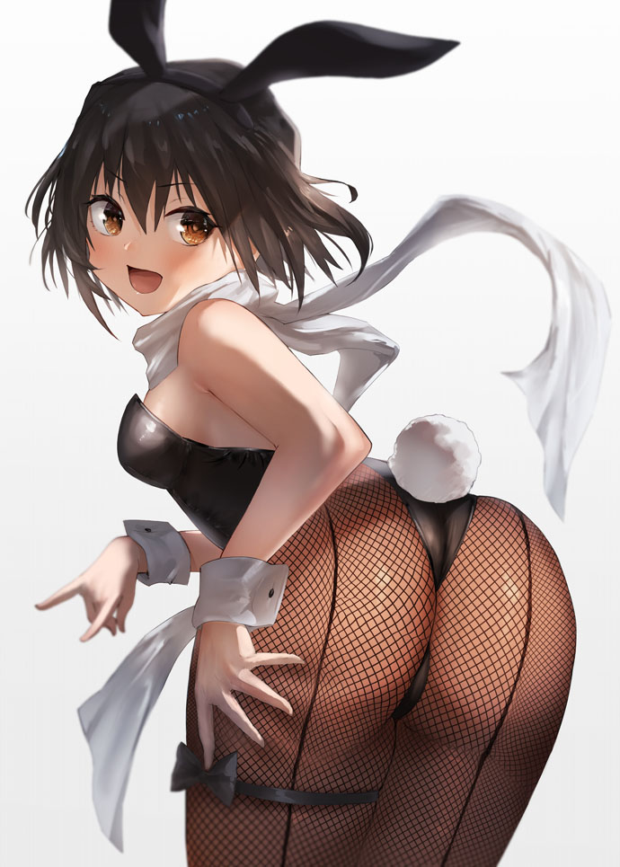 1girl animal_ears black_hair black_leotard blush breasts brown_eyes brown_legwear cowboy_shot eyebrows_visible_through_hair fake_animal_ears fake_tail fishnet_legwear fishnets grey_background hair_between_eyes kantai_collection leotard medium_breasts open_mouth pantyhose rabbit_ears rabbit_tail reward_available scarf sendai_(kancolle) short_hair simple_background solo tail toka_(marchlizard) two_side_up white_scarf wrist_cuffs