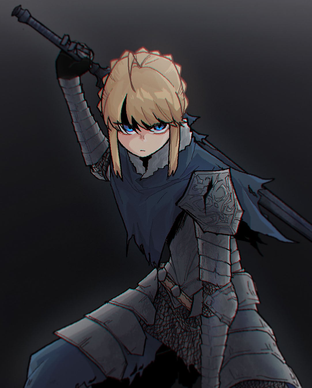 1girl armor artoria_pendragon_(fate) artorias_the_abysswalker artorias_the_abysswalker_(cosplay) bangs blonde_hair blue_eyes cosplay crossover dark_souls_(series) dark_souls_i fate_(series) highres holding holding_sword holding_weapon knight looking_at_viewer namesake saber sidelocks sword tied_hair weapon wiltedattention