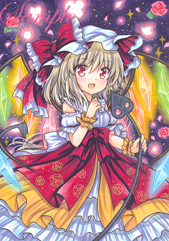1girl :d alternate_costume blonde_hair blush bow breasts crystal dress eyebrows_visible_through_hair fang flandre_scarlet flower frilled_bow frilled_dress frilled_shirt_collar frills hair_between_eyes hat hat_bow holding laevatein_(touhou) layered_dress looking_at_viewer marker_(medium) medium_hair mob_cap open_mouth rainbow_order red_bow red_flower red_rose rose rui_(sugar3) sample small_breasts smile solo touhou traditional_media white_headwear wings wrist_cuffs