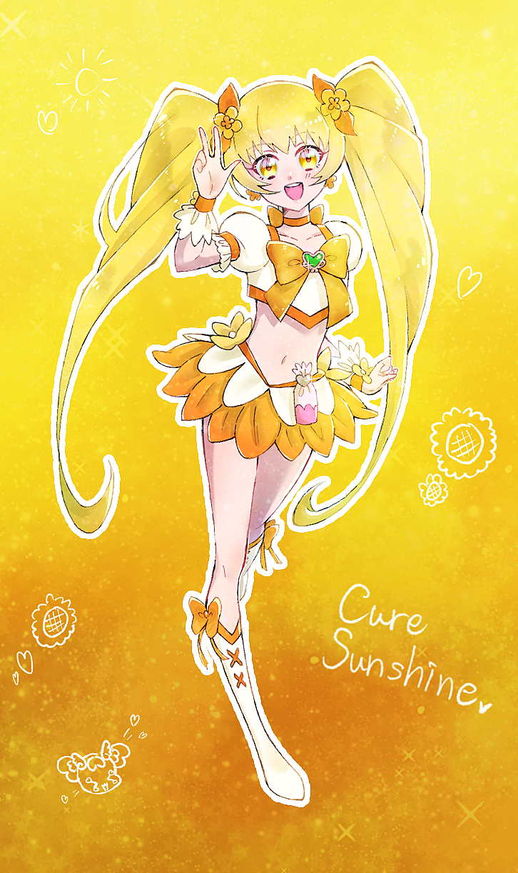 1girl :d bangs blonde_hair boots bow character_name choker collarbone crop_top cure_sunshine earrings eyebrows_visible_through_hair floating_hair full_body hair_bow heartcatch_precure! highres jewelry long_hair looking_at_viewer midriff miniskirt navel orange_bow orange_choker orange_skirt precure skirt smile solo standing stomach twintails usiusi_nanas very_long_hair w white_footwear wrist_cuffs yellow_background yellow_eyes