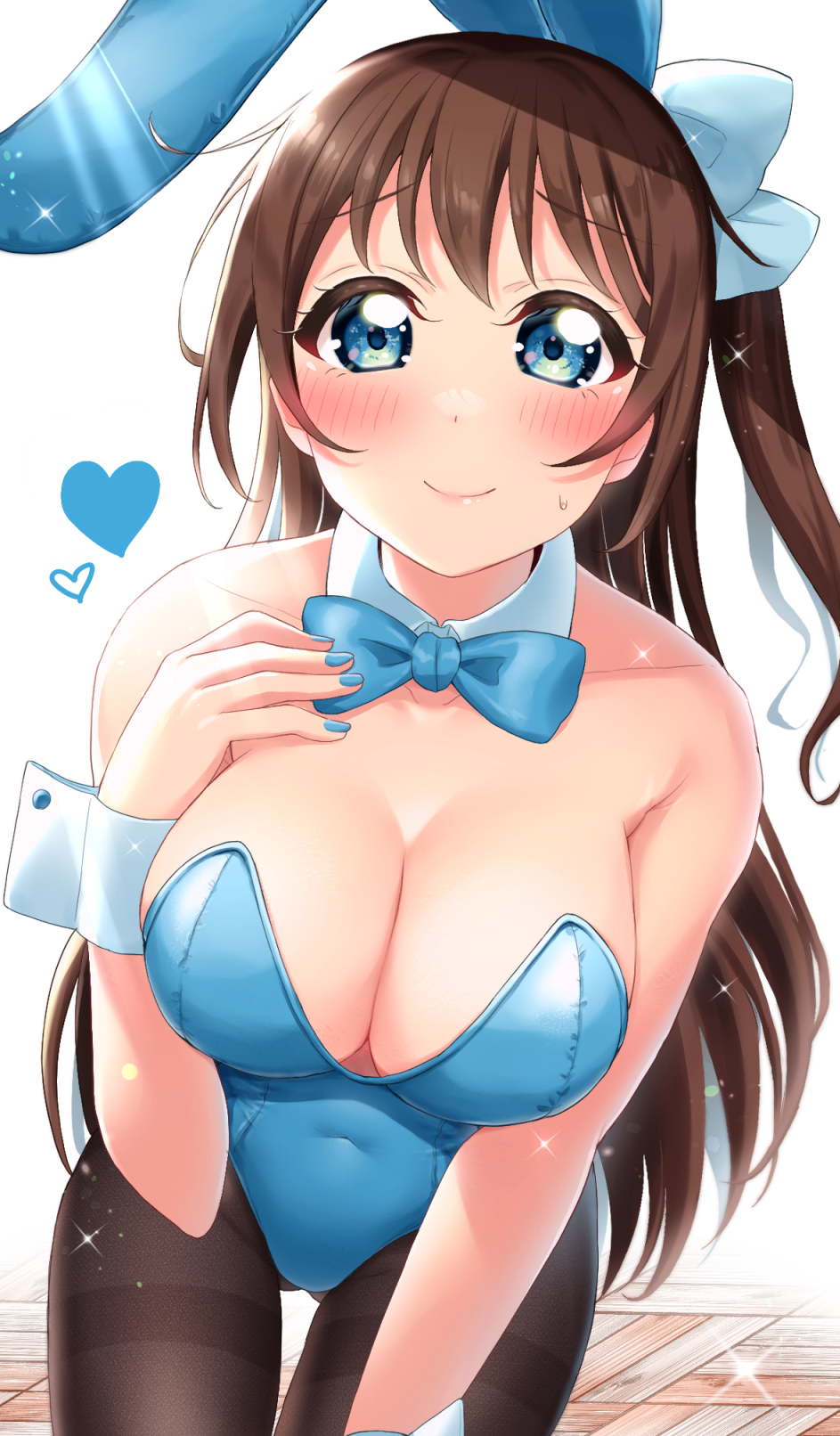 1girl animal_ears berisuno_(beriberi0707) black_legwear blue_bow blue_bowtie blue_eyes blue_leotard bow bowtie breasts brown_hair cowboy_shot detached_collar hair_bow half_updo highres large_breasts leotard long_hair love_live! love_live!_nijigasaki_high_school_idol_club nail_polish ousaka_shizuku pantyhose playboy_bunny rabbit_ears sidelocks solo thighband_pantyhose wrist_cuffs