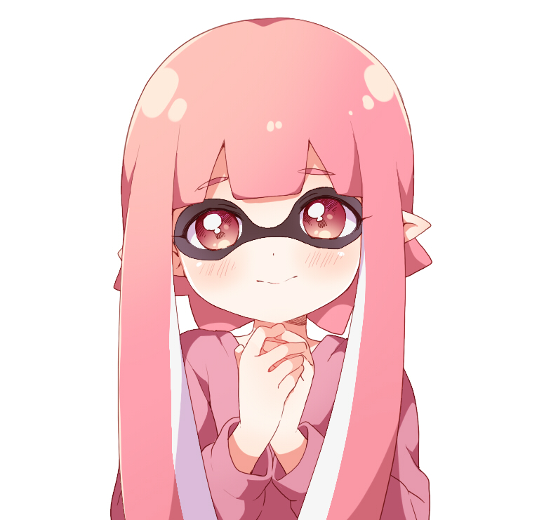 1girl bangs blush closed_mouth inkling long_hair long_sleeves looking_at_viewer namori nose_bubble own_hands_together pink_eyes pink_hair pink_shirt pointy_ears shirt simple_background smile solo splatoon_(series) upper_body white_background