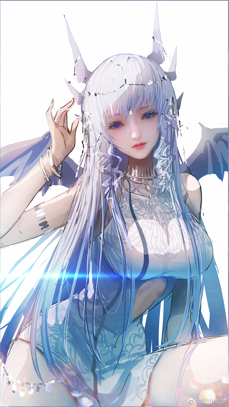 bracelet breasts chinese_clothes douluo_dalu dragon_wings gu_yuena highres jewelry large_breasts long_hair necklace silver_hair thighs violet_eyes weibo_id weibo_logo wings