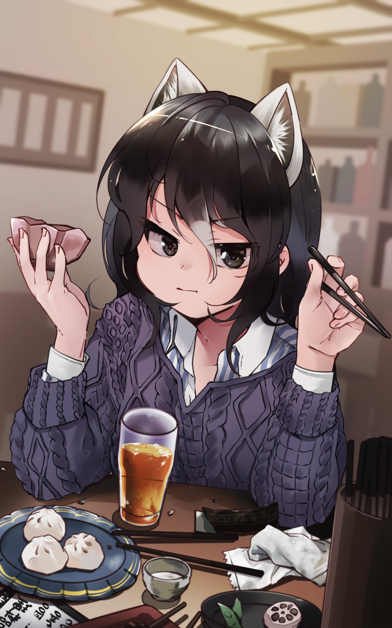 1girl adapted_costume animal_ears black_hair blue_shirt brown_eyes chopsticks collared_shirt commentary_request common_raccoon_(kemono_friends) dumpling eating extra_ears eyebrows_visible_through_hair food grey_hair hair_between_eyes highres kemono_friends looking_at_viewer multicolored_hair nanana_(nanana_iz) purple_sweater raccoon_ears raccoon_girl shirt short_hair solo striped striped_shirt sweater white_shirt