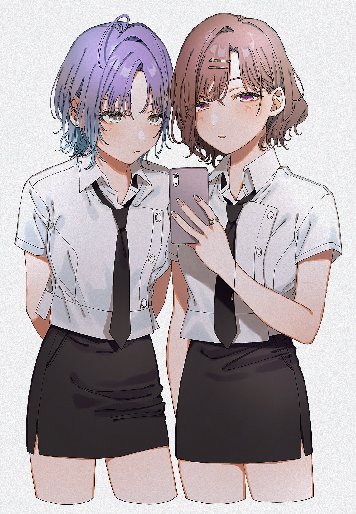 2girls ahoge arm_at_side arms_behind_back asakura_tooru bangs black_necktie black_skirt blue_hair blush bracelet brown_hair buttons cellphone closed_mouth collared_shirt commentary_request cropped_legs dot_nose ear_piercing gradient_hair grey_background greyscale hair_behind_ear hair_ornament hairclip half-closed_eyes hand_up highres higuchi_madoka holding holding_phone idolmaster idolmaster_shiny_colors iwawa jewelry miniskirt mole mole_under_eye monochrome multicolored_hair multiple_girls necktie open_mouth parted_bangs parted_lips pencil_skirt phone piercing purple_hair ring shirt short_sleeves sidelocks skirt smartphone standing violet_eyes white_shirt