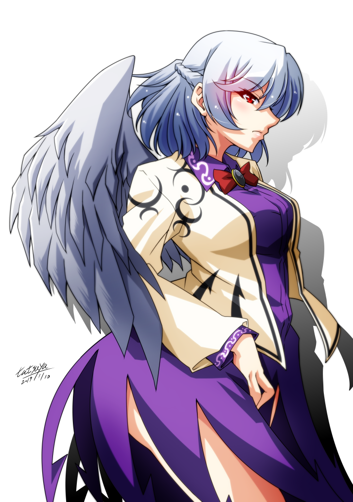 1girl angel_wings bangs beige_jacket blush bow bowtie braid breasts closed_mouth collared_dress commentary_request dated dress expressionless eyebrows_visible_through_hair eyelashes feathered_wings fingernails french_braid half_updo kishin_sagume large_breasts lips long_sleeves looking_at_viewer looking_to_the_side purple_dress red_bow red_bowtie red_eyes red_neckwear shiny shiny_skin sidelocks signature silver_hair single_wing solo standing stomach tatsuya_(guild_plus) thighs touhou wing_collar wings