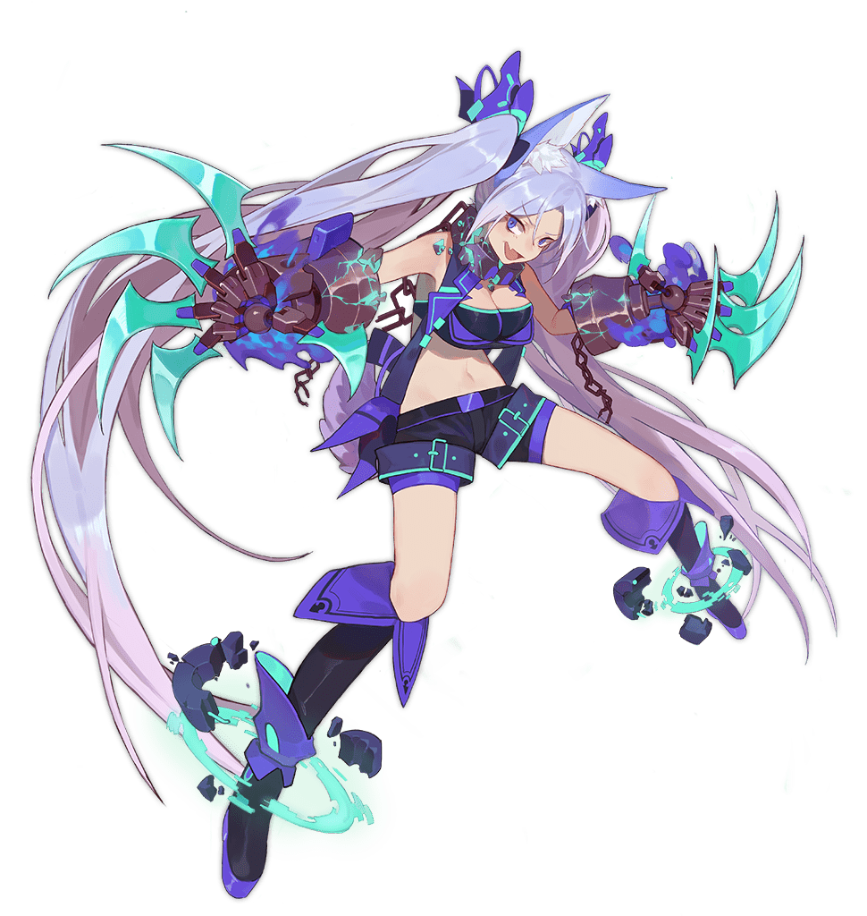 1girl :d animal_ear_fluff animal_ears ark_order black_tube_top blue_eyes blue_fire blue_footwear blue_hair blue_shorts blue_vest boots breasts broken chain claw_(weapon) cuffs energy fang fenrir_(ark_order) fire full_body gauntlets knee_boots large_breasts long_hair looking_at_viewer midriff navel official_art red_cucumber shackles shorts sidelocks skin_fang smile solo tachi-e tail transparent_background twintails very_long_hair vest weapon wolf_ears wolf_tail