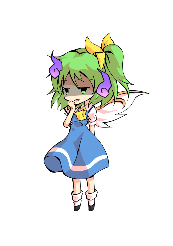 1girl ascot bangs black_eyes black_footwear blue_dress bow chibi collar collared_shirt dairi daiyousei dress eyebrows_visible_through_hair fairy_wings full_body ghost green_eyes green_hair hair_between_eyes hair_bow hand_on_own_face hand_up looking_to_the_side open_mouth ponytail puffy_short_sleeves puffy_sleeves shaded_face shirt shoes short_hair short_ponytail short_sleeves simple_background smile smug socks solo standing tachi-e touhou white_background white_legwear white_shirt white_sleeves wings yellow_ascot yellow_bow