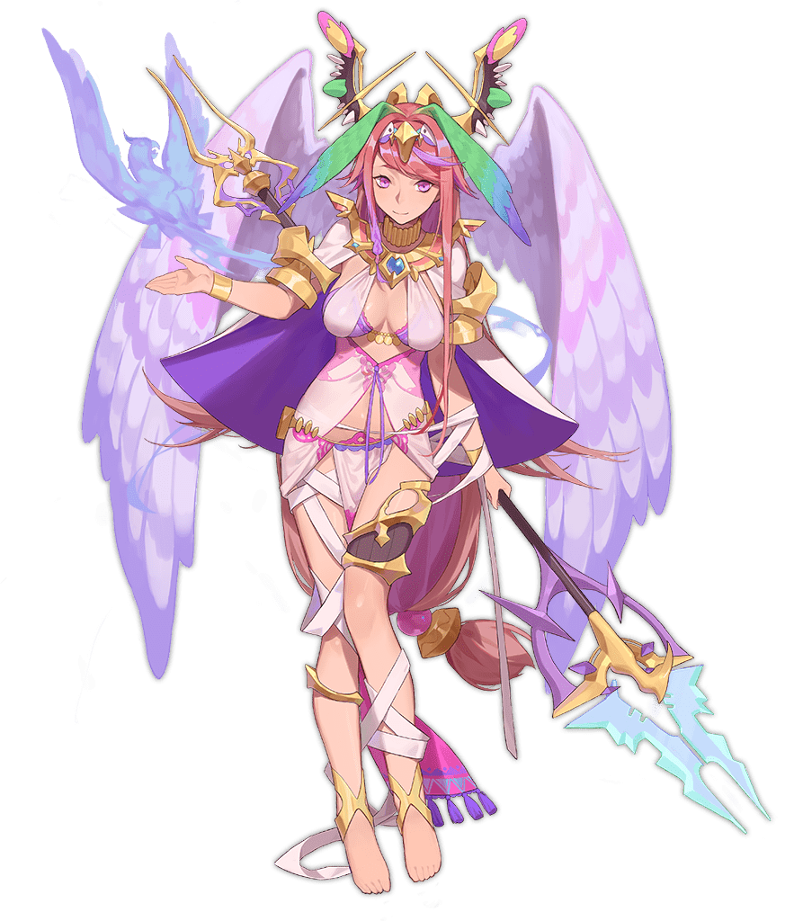 1girl anklet ark_order bandaged_leg bandages bangs barefoot bird bra bracelet breasts cape center_opening closed_mouth dress fire full_body hairband head_wings holding holding_polearm holding_weapon jewelry large_breasts long_hair looking_at_viewer low-tied_long_hair necklace pelvic_curtain pink_hair polearm purple_bra qa'a_(ark_order) red_cucumber sidelocks sleeveless sleeveless_dress smile solo tachi-e thighlet transparent_background underwear very_long_hair weapon white_cape white_dress white_wings wings