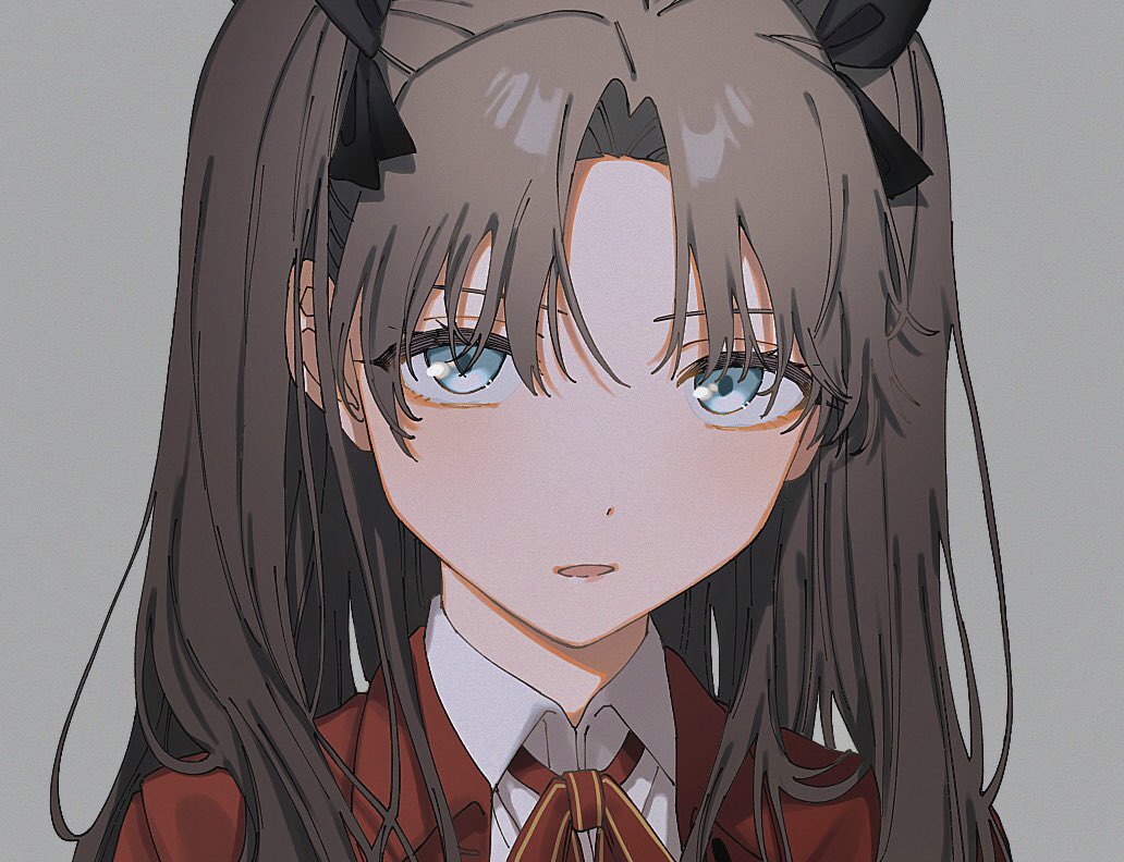 1girl blue_eyes brown_hair collared_shirt dot_nose fate/stay_night fate_(series) grey_background iwawa jacket long_hair looking_at_viewer neck_ribbon open_mouth parted_lips portrait red_jacket red_ribbon ribbon shirt solo tohsaka_rin two_side_up white_shirt