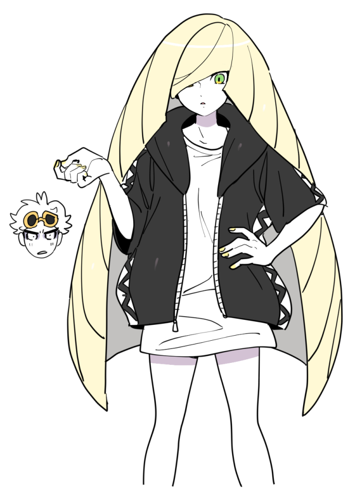 1boy 1girl bangs black_hoodie blonde_hair commentary_request cosplay green_eyes guzma_(pokemon) guzma_(pokemon)_(cosplay) hair_over_one_eye hand_on_hip hood hoodie korean_commentary long_hair looking_down lusamine_(pokemon) nail_polish open_clothes open_hoodie parted_lips pokemon pokemon_(game) pokemon_sm rnehrdyd1212 shirt simple_background white_background white_shirt yellow_nails zipper zipper_pull_tab