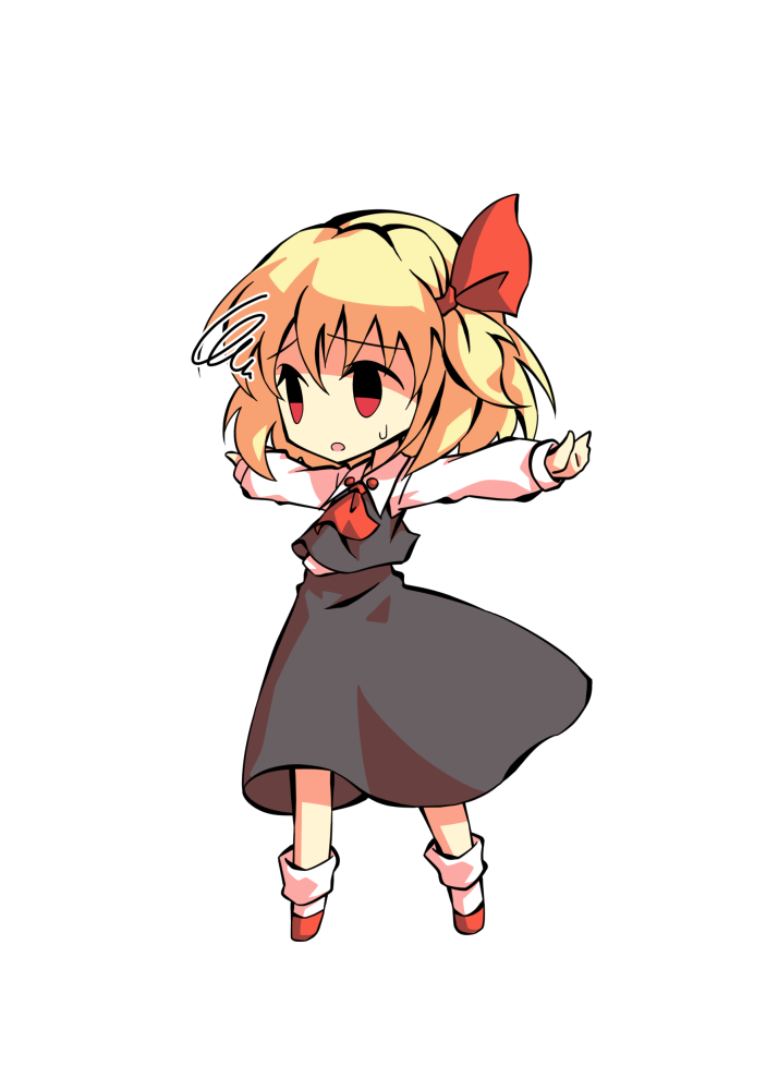 1girl arms_up ascot bangs black_eyes blonde_hair chibi collar collared_shirt dairi eyebrows_visible_through_hair full_body grey_skirt grey_vest hair_between_eyes hair_ribbon hands_up long_skirt long_sleeves looking_to_the_side open_mouth red_ascot red_eyes red_footwear red_ribbon ribbon rumia shaded_face shirt shoes short_hair simple_background skirt socks solo standing tachi-e touhou vest white_background white_legwear white_shirt white_sleeves