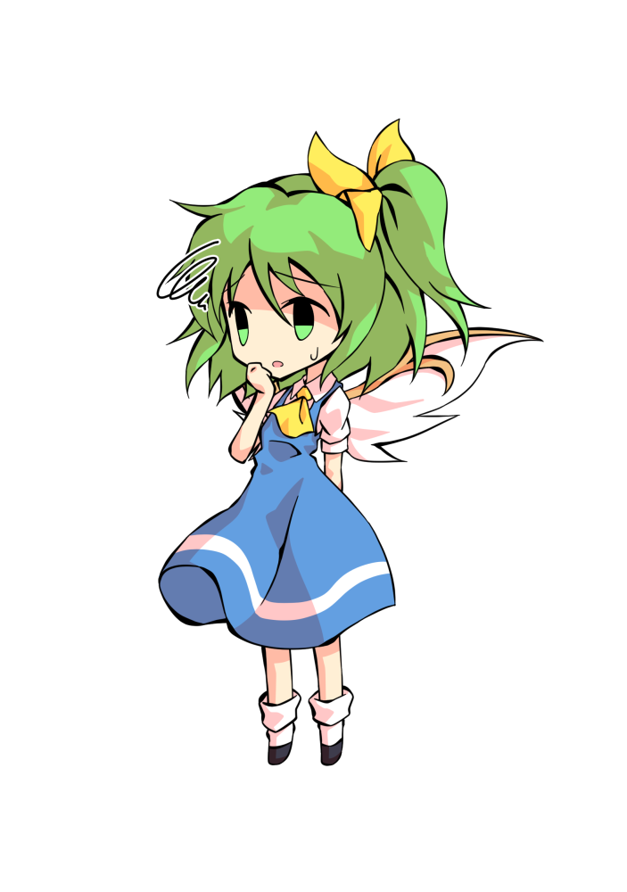 1girl ascot bangs black_eyes black_footwear blue_dress bow chibi collar collared_shirt dairi daiyousei dress eyebrows_visible_through_hair fairy_wings full_body green_eyes green_hair hair_between_eyes hair_bow hand_on_own_face hand_up looking_to_the_side open_mouth ponytail puffy_short_sleeves puffy_sleeves shaded_face shirt shoes short_hair short_ponytail short_sleeves simple_background socks solo standing tachi-e touhou white_background white_legwear white_shirt white_sleeves wings yellow_ascot yellow_bow